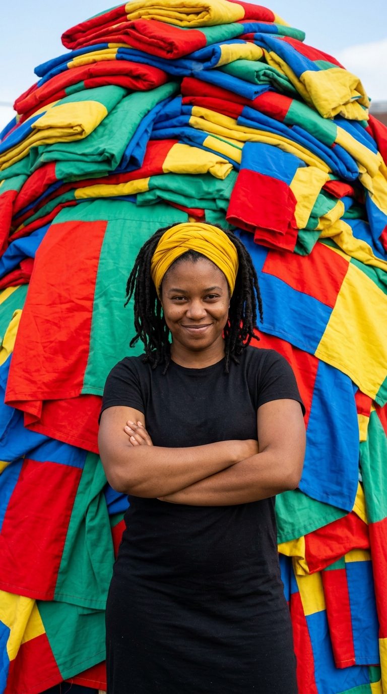 Big Momma Quilts maker in front of a towering stack of colorful quilts