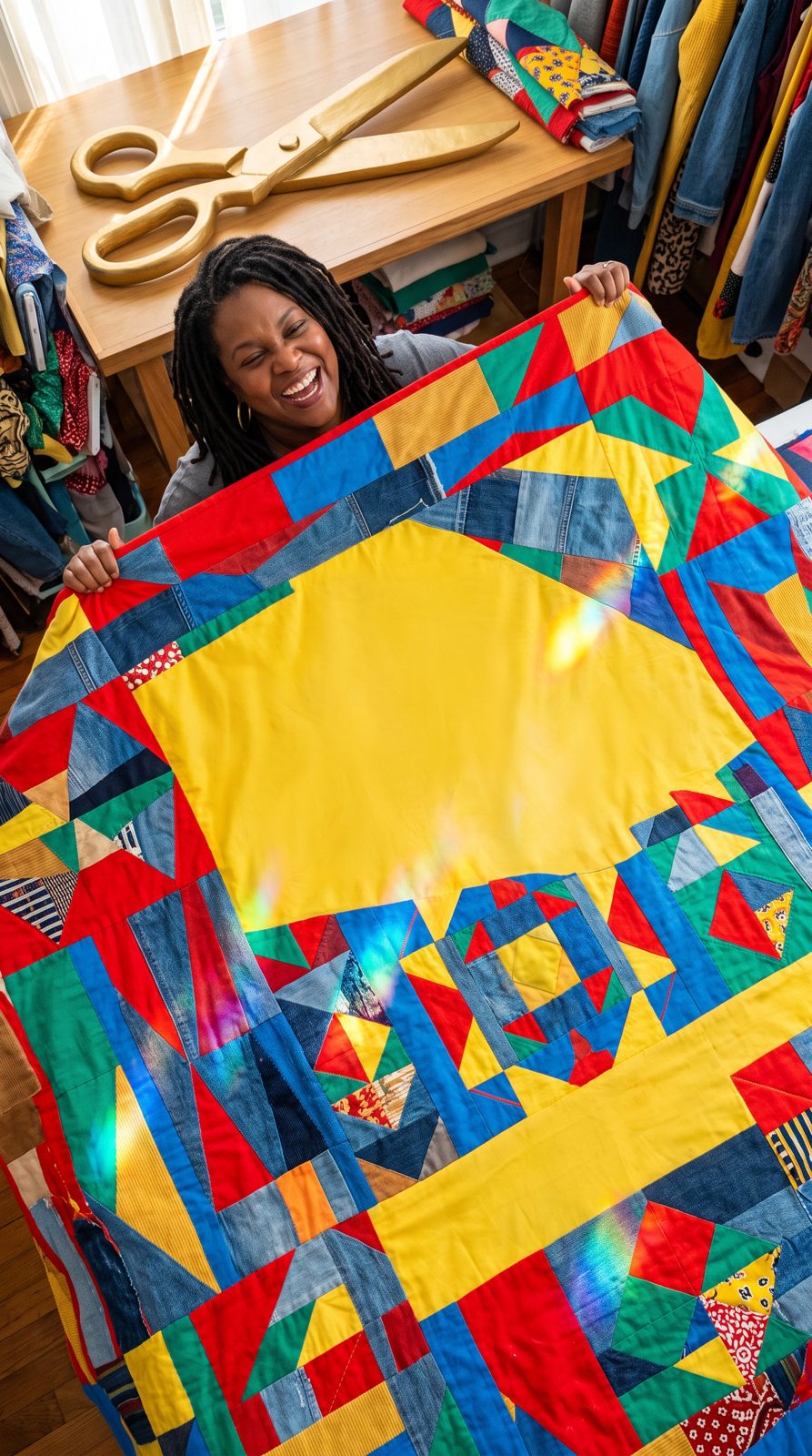 Big Momma Quilts maker holding a bold patchwork quilt in her studio