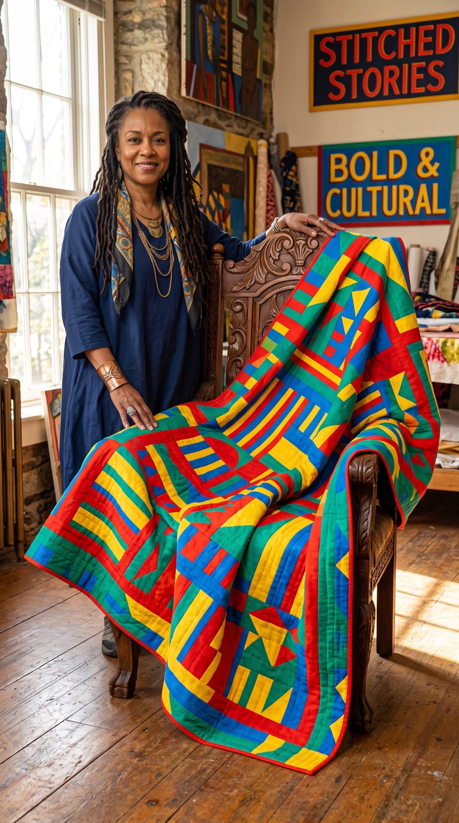 Big Momma Quilts artisan presenting a red, gold, green and blue quilt