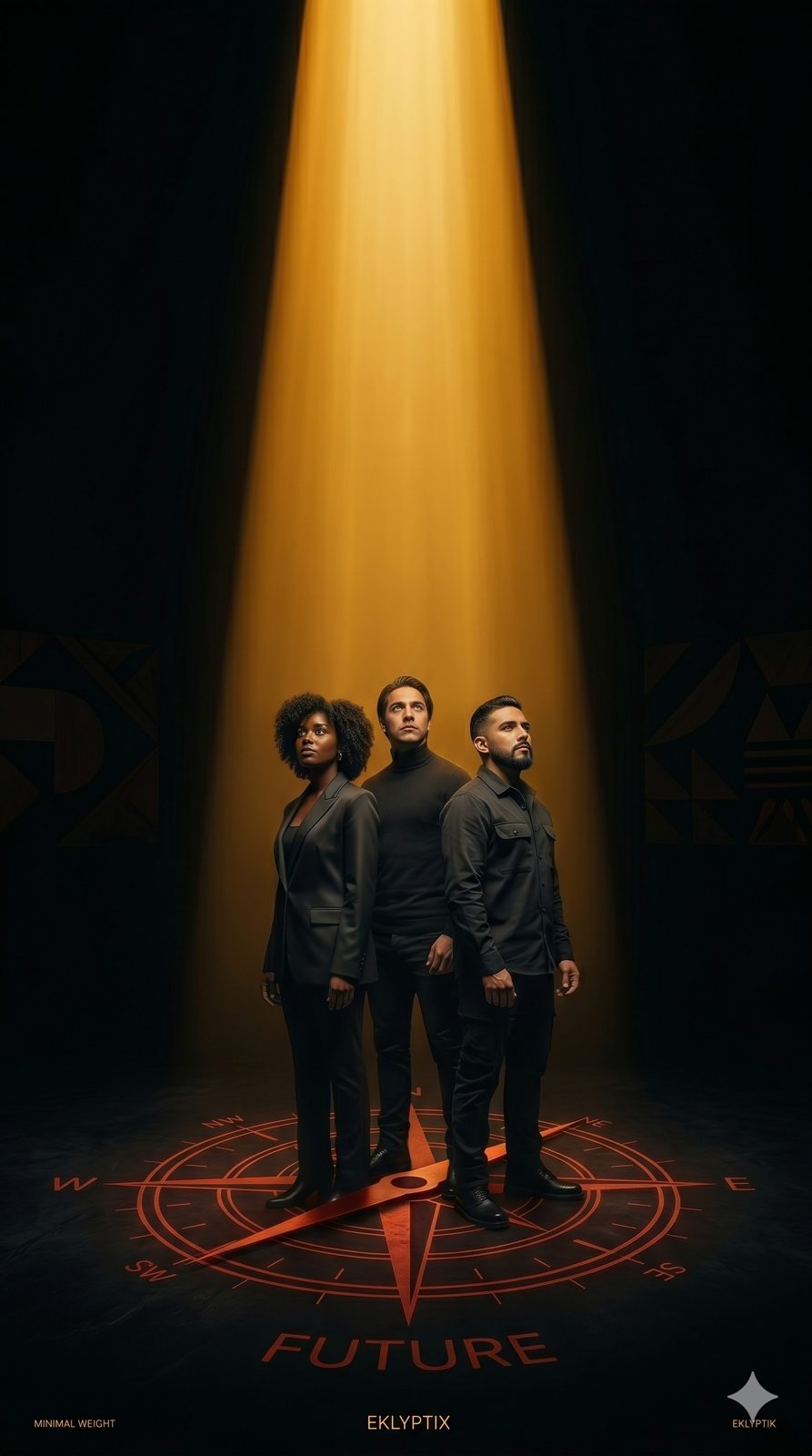 Eklyptix.AI brand image of three professionals standing on a glowing red compass in a beam of golden light