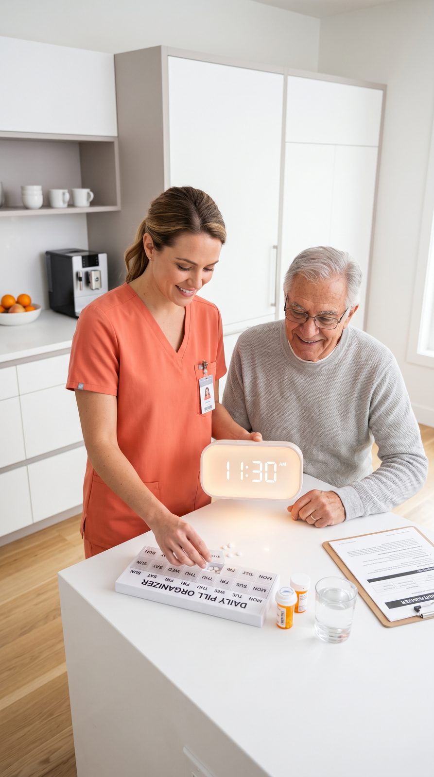 Above Best Care caregiver helping a client with a daily medication routine
