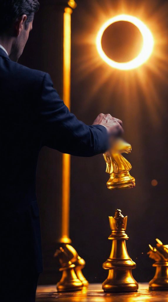Eklyptix.AI brand image of a strategist moving a gold chess piece under an eclipse