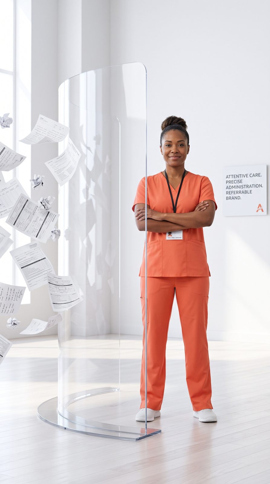 Above Best Care caregiver in coral scrubs beside the brand statement wall