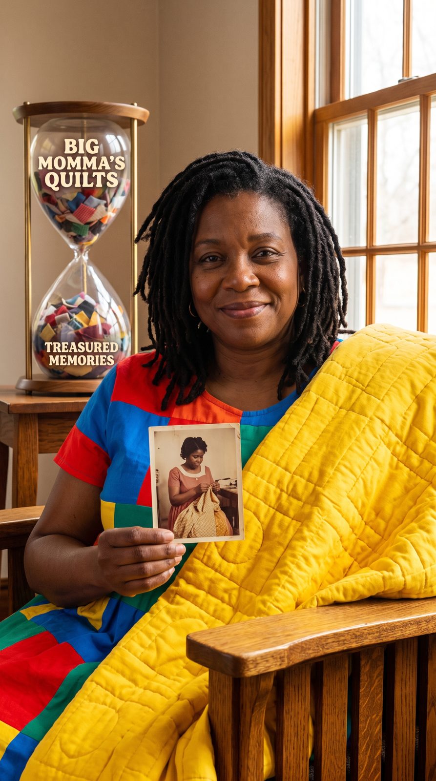Big Momma Quilts founder with a heritage photograph and a gold quilt